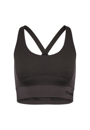 Schwarzer Sport-BH mit breiten Trägern, die am Rücken überkreuzt sind, nahtlosem Design und elastischem Bund unten mit kleinem Logo an der Seite.