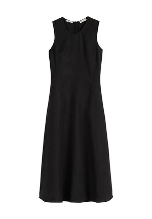 Abito nero senza maniche con scollatura rotonda, silhouette a trapezio e cuciture verticali. Realizzato in tessuto leggero con una texture liscia.