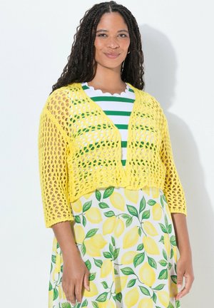 Woman with long braided hair wears a yellow open-knit cardigan, green and white striped top, and lemon print skirt, standing against a white wall.