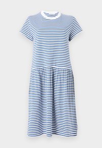 Gestreiftes Kleid in Blau und Weiß, aus weicher Baumwolle, mit Rundhalsausschnitt, kurzen Ärmeln und einem gerafften Rock.