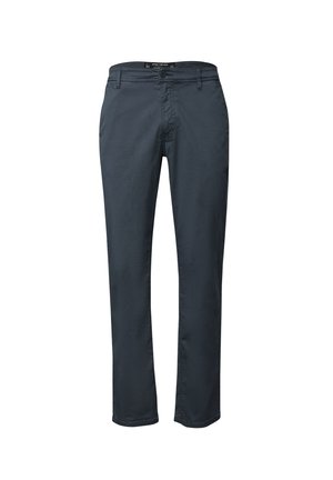 Dunkelblaue, schmal geschnittene Hosen aus Baumwolle mit einer glatten Oberfläche. Mit Knopfverschluss, Seitentaschen und geradem Bein-Design.