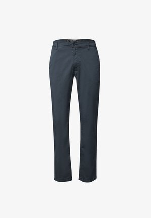 Pantaloni attillati blu scuro in cotone con una trama liscia. Presentano una chiusura con bottone, tasche laterali e un design a gamba dritta.