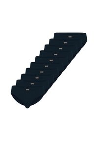 Zehn Paar schwarze Unterhosen, diagonal gestapelt, jede mit einem kleinen Frontetikett, das ein weißes Logo zeigt.