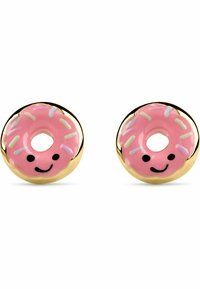 Rosa donutformade örhängen med en glänsande yta, prydda med ett leende ansikte och färgglada strössel, inramade i metall med guldton.