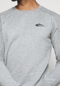 Felpa grigia con scollo rotondo, maniche raglan a righe e un piccolo logo nero sul petto. Realizzata in tessuto morbido.