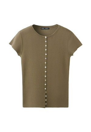 Olive green short-sleeve knit top with round neckline and a vertical row of 14 small white buttons down the front center.