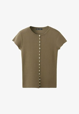 Olive green short-sleeve knit top with round neckline and a vertical row of 14 small white buttons down the front center.