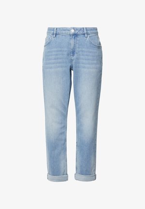 Helle blaue Jeans im leicht lockeren Schnitt, mit einem Knopf- und Reißverschluss, fünf Taschen und umgeschlagenen Säumen. Weiche Textur.