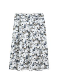 Jupe fleurie en bleu clair et blanc, présentant un motif de grandes fleurs avec des accents verts. Tissu doux, design évasé, longueur genoux.