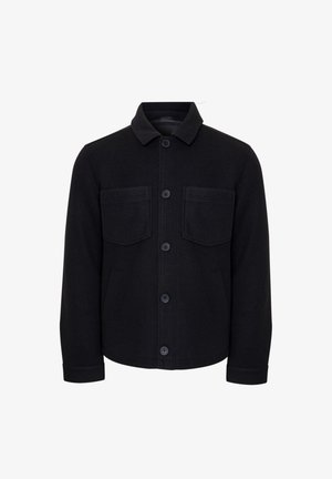 Sort uldjakke med knapper, to brystlommer og to sidelommer, med klassisk krave og lange ærmer.