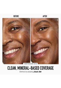 Primer plano del rostro de una persona dividido antes y después de aplicar cobertura a base de minerales. El tono de piel es oscuro, con textura visible y características naturales.