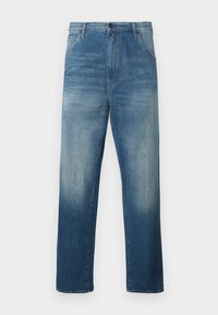 Blå lige jeans med falmet vaskeeffekt og klassisk fem-lomme stil, knaplukning og bæltestropper.