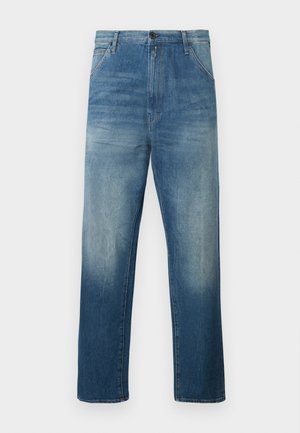 Blauwe rechtlopende jeans met een vervaagde wassing en de klassieke vijf-pocket stijl, knoopsluiting en riemlussen.