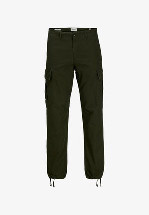 Spodnie cargo w ciemnozielonym kolorze, wykonane z wytrzymałego materiału. Cechy obejmują boczne kieszenie, elastyczne mankiety oraz zapięcie na guzik. Minimalistyczny design.
