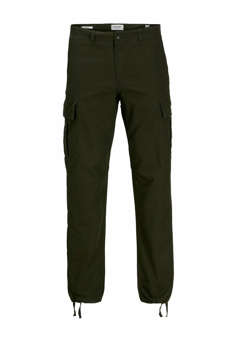 Pantaloni cargo de culoare verde închis, fabricați dintr-un material durabil. Caracteristici includ buzunare laterale, manșete elastice și sistem de închidere cu nasture. Design minimalist.