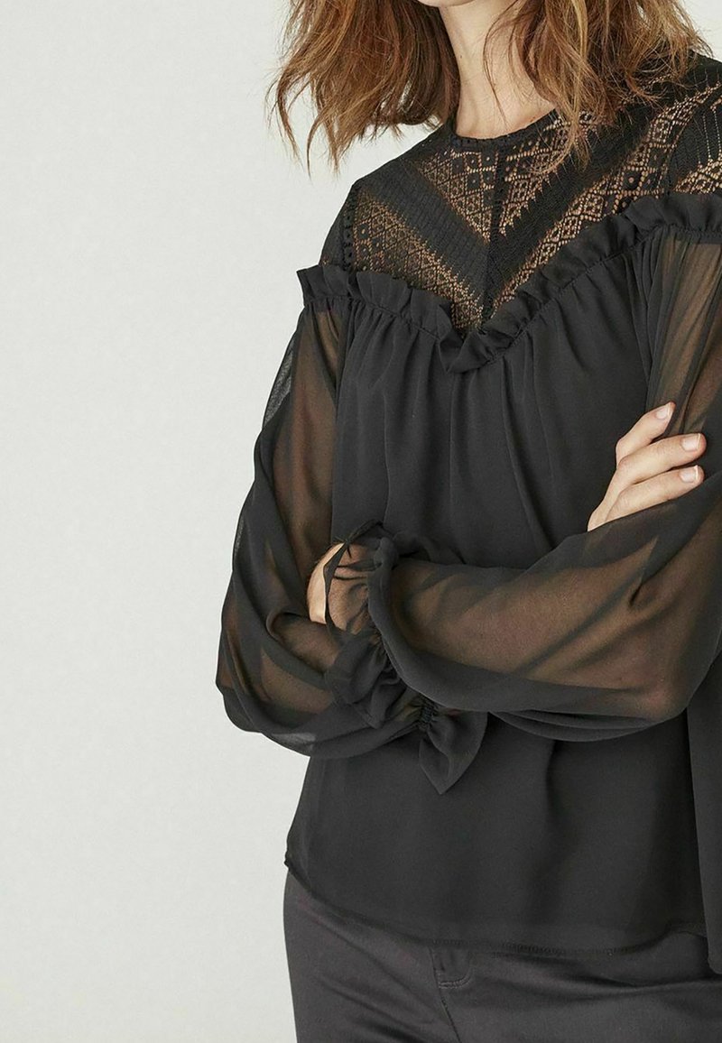 Blouse noire avec manches longues transparentes à volants et empiècement en dentelle à motif géométrique ; tissu lisse avec une coupe décontractée.