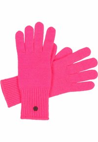 Gants en tricot rose vif avec des poignets côtelés et un petit accent circulaire noir au poignet. Ils ont cinq doigts pour plus de dextérité.