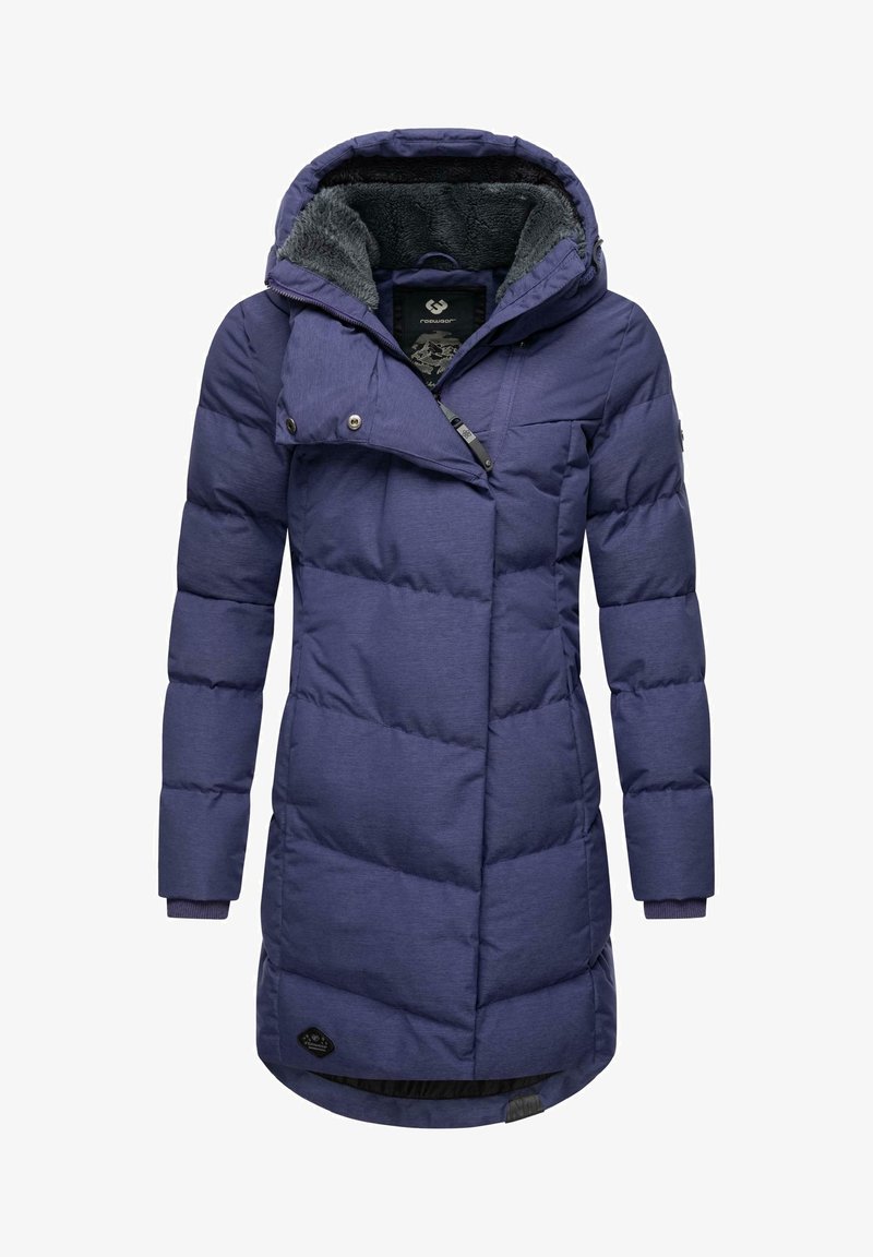 Purple puffer coat with a fur-lined hood, diagonal closure, quilted design, and ribbed cuffs. Features a logo patch at the hem.