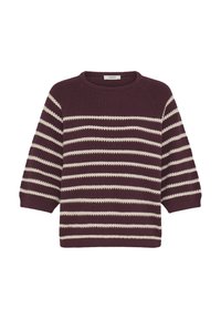 Knitted sweater in burgundy with cream horizontal stripes. Features a round neck and three-quarter length sleeves. Textured fabric.