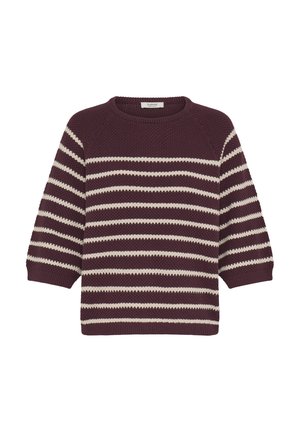 Strickpullover in Bordeaux mit cremefarbenen horizontalen Streifen. Verfügt über einen runden Ausschnitt und drei Viertelärmel. Strukturierter Stoff.