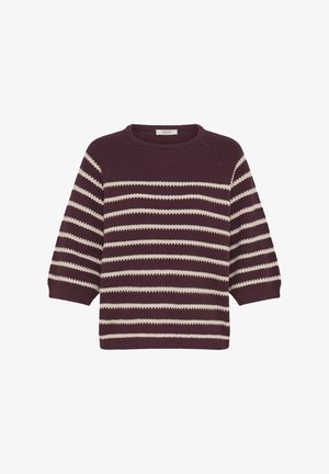 Strickpullover in Bordeaux mit cremefarbenen horizontalen Streifen. Verfügt über einen runden Ausschnitt und drei Viertelärmel. Strukturierter Stoff.
