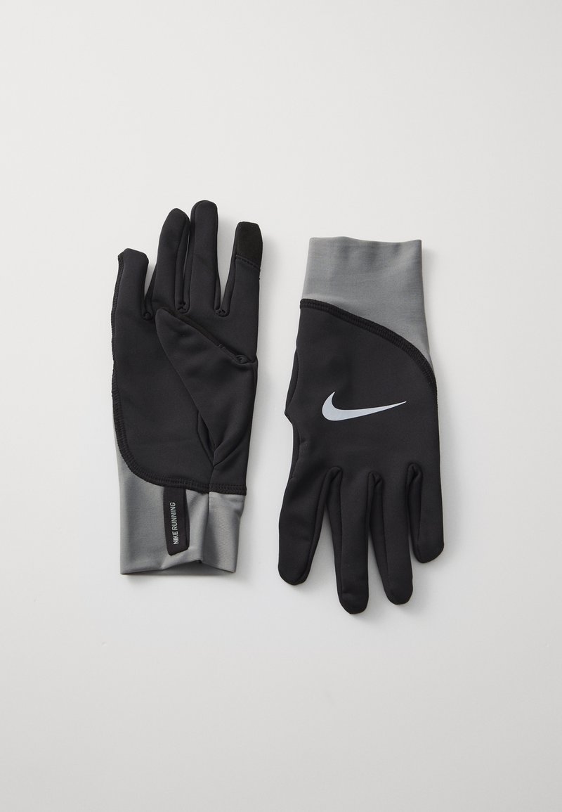 Black and gray athletic gloves with a sleek design. Made from stretchy material, featuring a bold logo and stitching details.