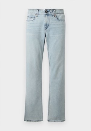 Light blue denim jeans featuring a straight leg cut, five-pocket design, front button closure, and subtle fading in the fabric.