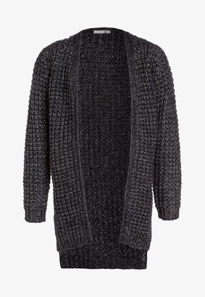 Lang sort og grå chunky strikket cardigan med åben front med tekstureret mønster og ribstrikkede manchetter og kant.