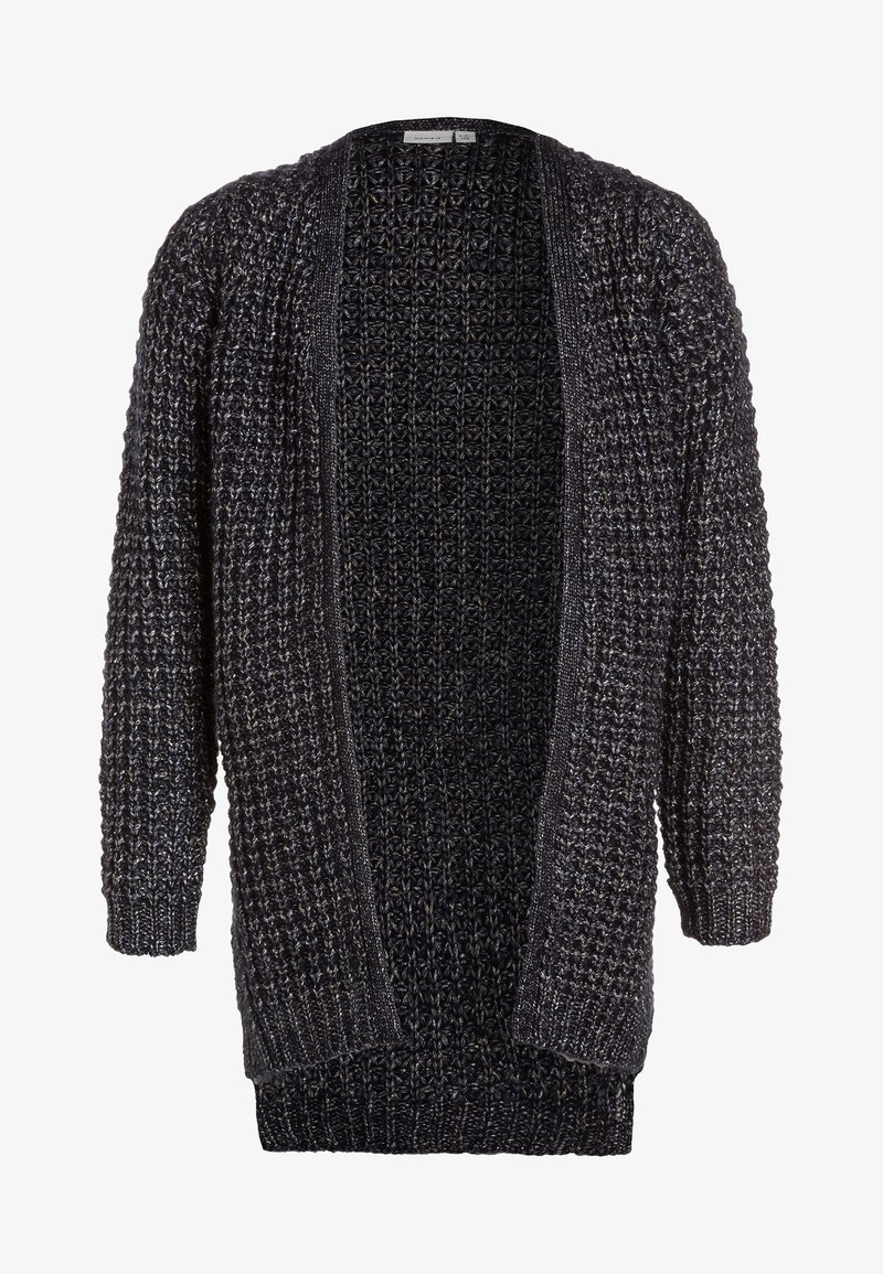 Cardigan long noir et gris en grosse maille à ouverture devant avec motif texturé et poignets et ourlet côtelés.