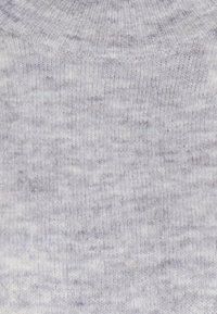 Gray knitted sweater featuring a ribbed crew neckline, soft texture, and a subtle heather pattern throughout the fabric.