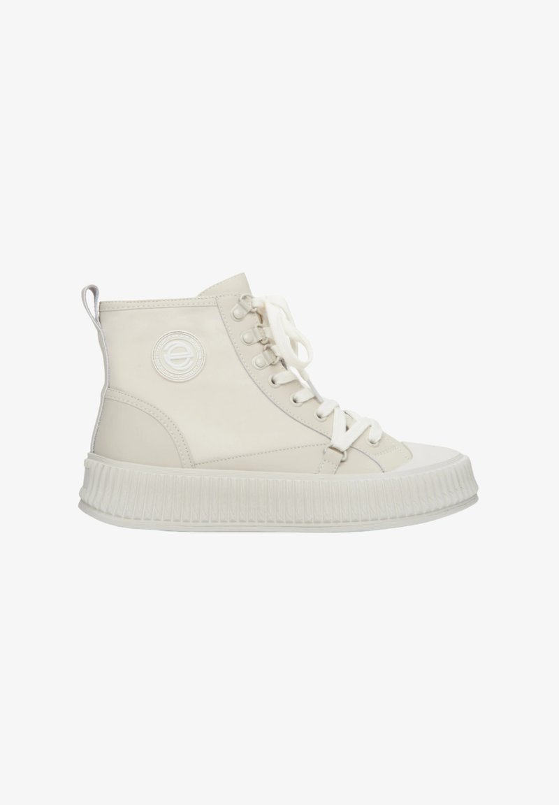 Hoge sneakers in off-white leer, met een rond logo, vooraan en vetersluiting, en een textuur rubberen zool met een ribbelontwerp.