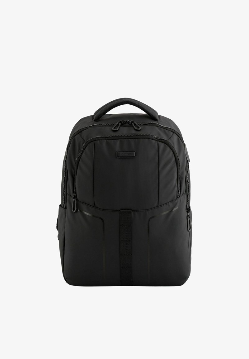 Schwarzer Nylon-Rucksack mit gepolstertem Rücken, zwei Reißverschlussfächern, Tragegriff oben, Seitentaschen und dezenten reflektierenden Akzenten.