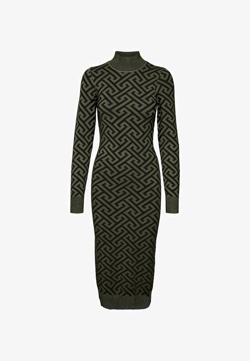 Robe moulante à manches longues vert olive avec motif géométrique noir en forme de labyrinthe et col roulé ainsi que poignets côtelés.