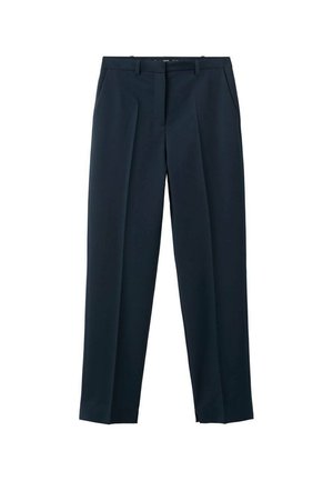 Pantalon de costume pour homme, bleu marine, tailleur ajusté, avec passants pour ceinture, plis sur le devant et poches latérales, présenté sur un fond blanc.