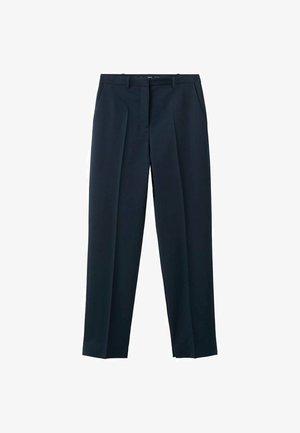 Pantalon de costume pour homme, bleu marine, tailleur ajusté, avec passants pour ceinture, plis sur le devant et poches latérales, présenté sur un fond blanc.