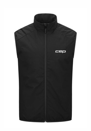 Black sleeveless vest with high collar, front zip closure, and CEP logo in white on the left chest. Made with a smooth, matte fabric.