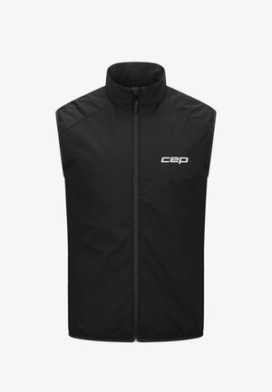 Black sleeveless vest with high collar, front zip closure, and CEP logo in white on the left chest. Made with a smooth, matte fabric.