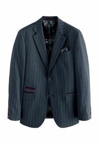 Blazer rayé gris foncé avec une doublure à motif floral, deux poches avant, un carré de poche et des accents en bouton marron. Coupe ajustée.