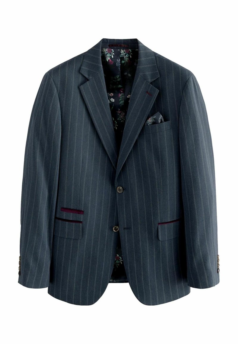 Blazer rayé gris foncé avec une doublure à motif floral, deux poches avant, un carré de poche et des accents en bouton marron. Coupe ajustée.