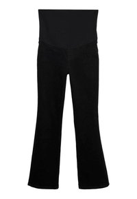 Svarta utsvängda byxor med en slät midja, tillverkade av mjukt tyg med lätt stretch, och en klassisk design med fem fickor.