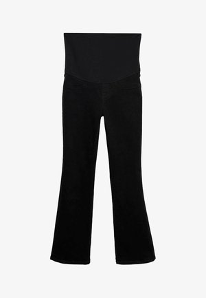Czarne flared spodnie z gładkim paskiem w talii, wykonane z miękkiego materiału z delikatnym stretch'em, z klasycznym pięciokomorowym designem.