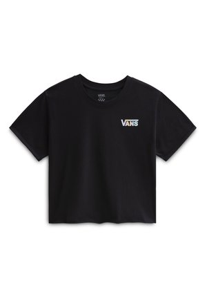 Zwarte cropped t-shirt van katoen, met een multicolor "VANS" logo op de borst, voorzien van een klassieke ronde hals en korte mouwen.