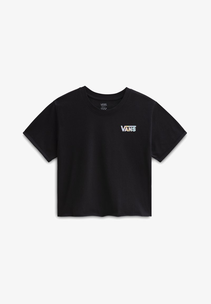 T-shirt noir court en coton, avec un logo "VANS" multicolore sur la poitrine, un col arrondi classique et des manches courtes.