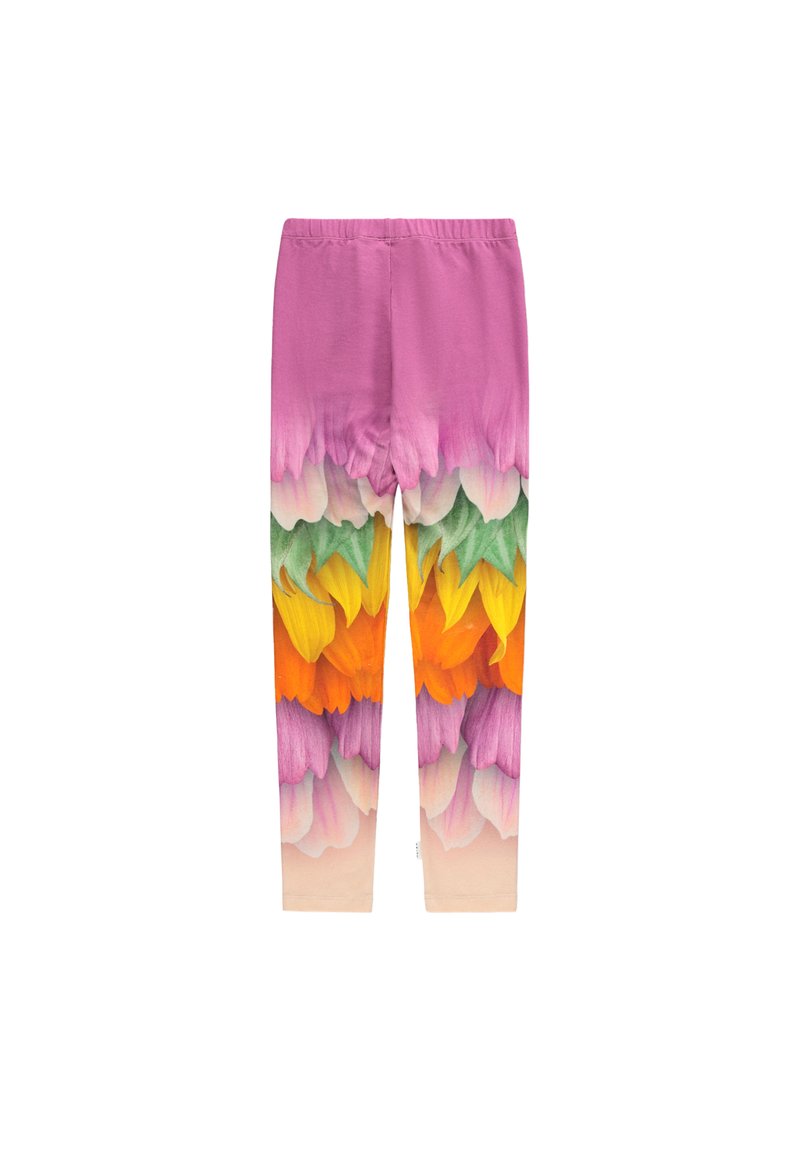 Legginsy z miękkiego materiału, z gradientem od różowego do pomarańczowego, ozdobione kwiatowymi wzorami w żywych kolorach oraz gładką elastyczną talią.