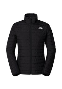 Black quilted zip-up jacket with stand collar and The North Face logo on left chest, long sleeves, and side zipper pockets.