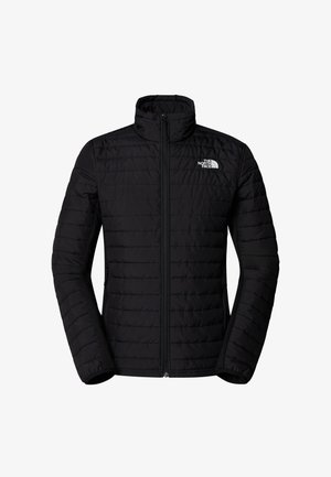 Chaqueta negra acolchada con cremallera, cuello alto y logo de The North Face en el pecho izquierdo, mangas largas y bolsillos laterales con cremallera.