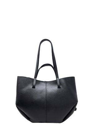 Borsa tote in pelle nera texturizzata con due manici lunghi e due corti, caratterizzata da un design ampio e arrotondato.