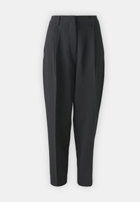 Pantalons taille haute noirs en tissu lisse, dotés de plis devant, de jambes fuselées et de poches latérales. Design épuré et ajusté.