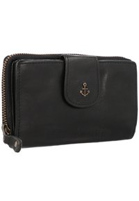 Zwarte leren portemonnee met een ritssluiting, voorzien van een voorflap met drukknoop die versierd is met een gouden ankerembleem en tannenkleurige stikselaccenten.