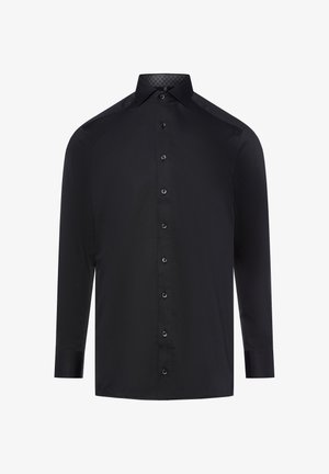 Schwarzes Langarm-Hemd mit Knöpfen, spitzem Kragen, geknöpften Manschetten und dezent gemustertem Kragenfutter.